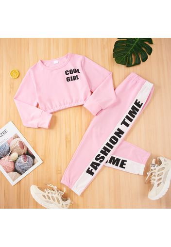 2-piece Kid Girl Letter Print Long-sleeve Top and Elasticized Pants Casual Set