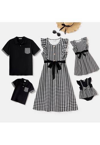 Family Matching 95% Cotton Short-sleeve Polo Shirts and Houndstooth Ruffle Trim Belted Tank Dresses Sets