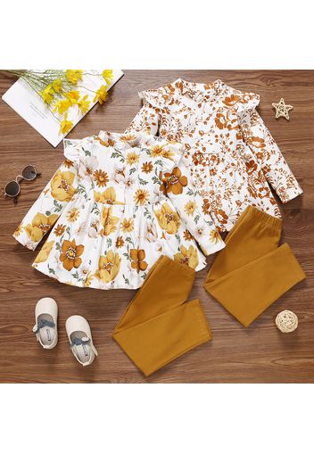 2-piece Toddler Girl Floral Print Button Design Corduroy Flutter Long-sleeve Top and Solid Pants Set