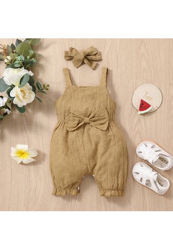 100% Cotton 2pcs Baby Girl Solid Floral Embroidered Sleeveless Spaghetti Strap Bowknot Jumpsuit with Headband Set