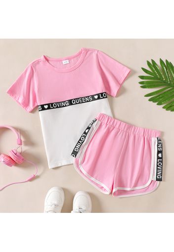 2-piece Kid Girl Letter Print Colorblock Tee and Dolphin Shorts Set