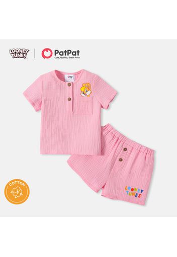 Looney Tunes 100% Cotton Crepe Baby Boy/Girl Button Front Graphic Short-sleeve Top and Shorts Set