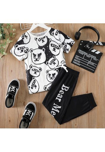 2pcs Kid Boy Animal Bear Print Short-sleeve Tee and Letter Print Black Pants Set