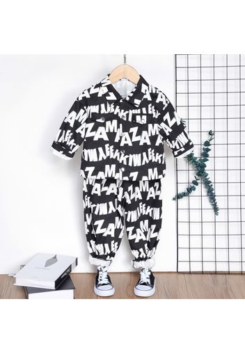 2pcs Toddler Boy 100% Cotton Allover Letter Print Lapel Collar Long-sleeve Shirt and Pantd Set