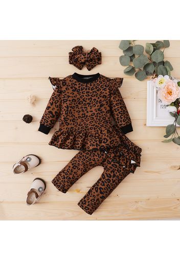 2-piece Toddler Girl Leopard Print Ruffled Long-sleeve Top and Layered Pants Set