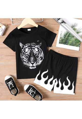 2pcs Kid Boy Animal Tiger Print Short-sleeve Tee and Colorblock Shorts Set