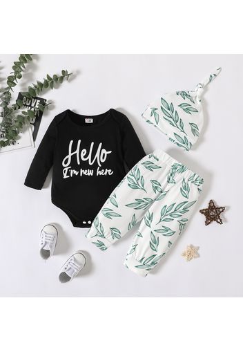 3pcs Baby Boy/Girl Letter Print Long-sleeve Romper and Leaves Print Trousers with Hat Set