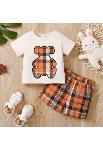 2pcs Baby Boy 95% Cotton Short-sleeve Cartoon Bear Print T-shirt and Plaid Shorts Set