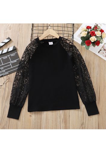 Kid Girl Lace Design Solid Color Long Raglan Sleeve Tee