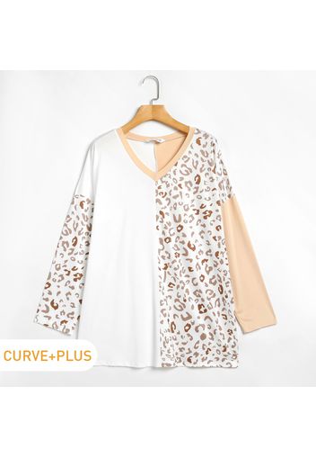 Women Plus Size Casual V Neck Leopard Print Colorblock Long-sleeve Tee