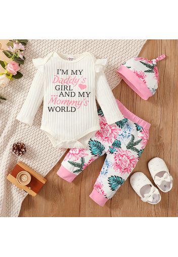 3pcs Baby Girl 95% Cotton Long-sleeve Letter Print Rib Knit Romper and Allover Floral Print Pants with Hat Set