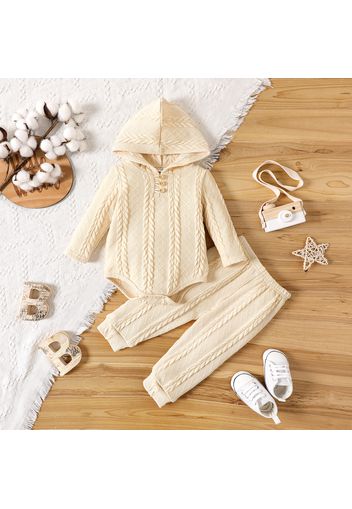 2pcs Baby Boy/Girl Solid Cable Knit Hooded Long-sleeve Romper and Pants Set