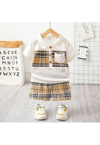 2pcs Toddler Boy Classic Plaid Splice Polo Shirt and Shorts Set