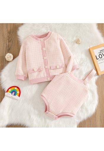 2pcs Baby Girl Pink Cable Knit Button Down Long-sleeve Top and Sleeveless Romper Set