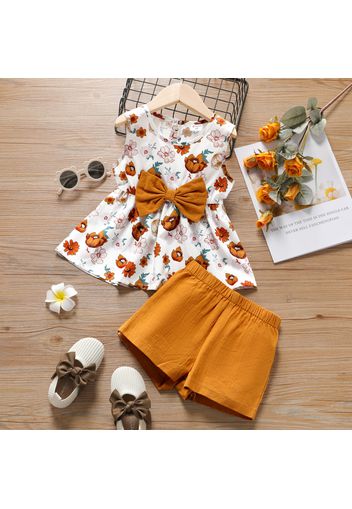 2-piece Toddler Girl Floral Print Bowknot Design Sleeveless Top and Elasticized Shorts Set