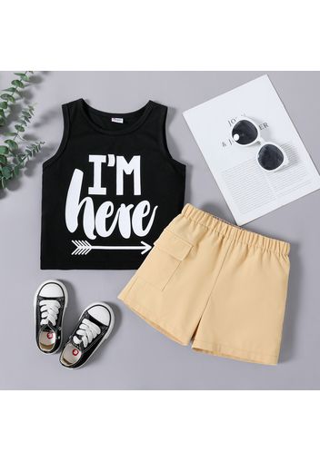 2-piece Toddler Boy Letter Print Black Tank Top and Elasticized Pocket Design Shorts Set