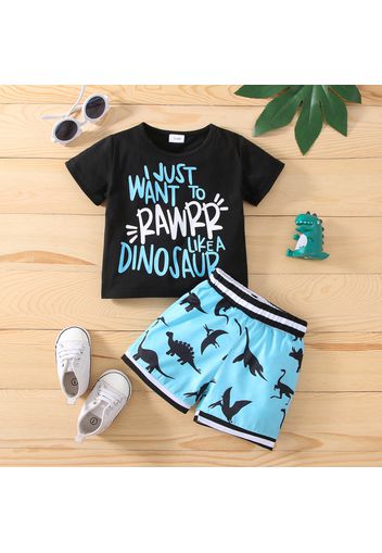 2pcs Baby Boy Letter Print Short-sleeve T-shirt and All Over Dinosaur Print Shorts Set