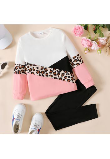 2pcs Kid Girl Leopard Print Colorblock Long-sleeve Tee and Black Leggings Set