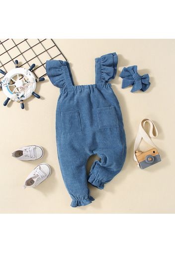 2pcs Baby Blue Corduroy Ruffle Suspender Jumpsuit Set