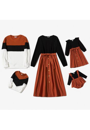 Family Matching Black Cotton Long-sleeve Splicing Midi Dresses and Color Block Sweatshirts Sets