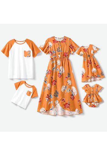 Family Matching Floral Print Brown Ruffle Short-sleeve Tulip Hem Dresses and Raglan-sleeve T-shirts Sets