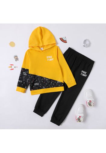 2-piece Kid Boy Letter Space Rocket Print Colorblock Hoodie Sweatshirt and Black Pants Set