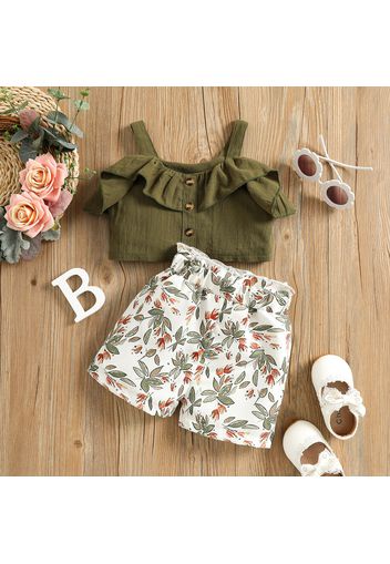 2pcs Baby Girl 100% Cotton Spaghetti Strap Ruffle Crop Top and Floral Print Shorts Set