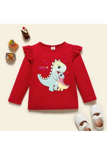 Toddler Girl Graphics Dinosaur and Heart-shaped and Letter Print Ruffle Long-sleeve Tee