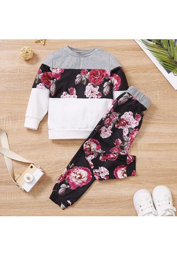 2-piece Toddler Girl Heart/Floral Print Colorblock Pullover and Pants Set