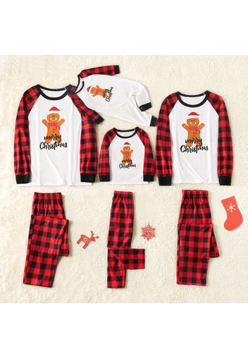 Merry Christmas Gingerbread Man and Letter Print Family Matching Long-sleeve Buffalo Plaid Pajamas Sets (Flame Resistant)