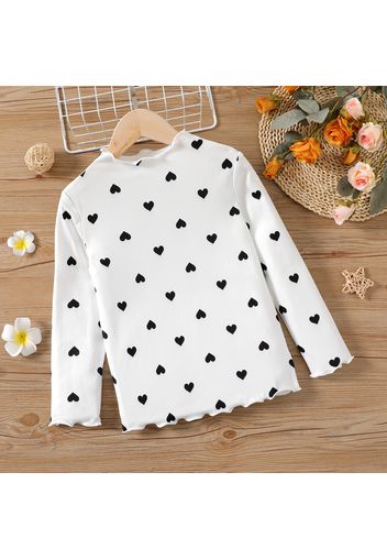 Kid Girl Heart Print Lettuce Trim Mock Neck Long-sleeve Tee