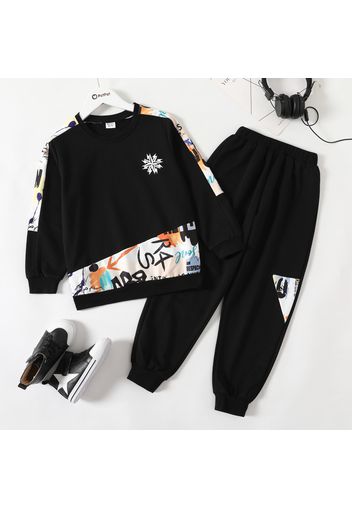 2-piece Kid Boy Letter Print Black Pullover Sweatshirt and Elasticized Pants Casual Set