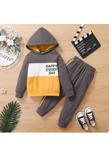 2-piece Toddler Boy Letter Print Colorblock Hoodie and Elasticized Striped Pants Set