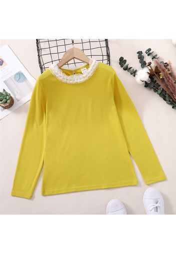 Kid Girl Lace Collar Solid Color Long-sleeve Tee