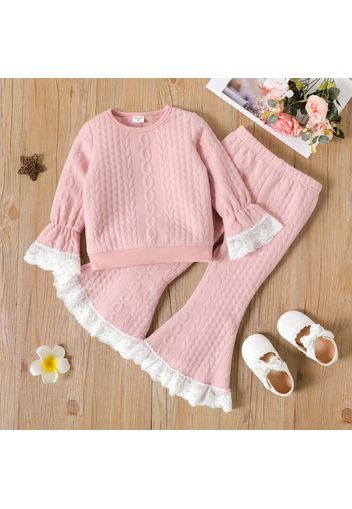 2pcs Toddler Girl Cable Knit Lace Design Pink Sweatshirt and Flared Pants Set