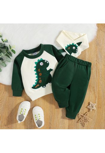 3pcs Baby Boy Cartoon Dinosaur Embroidered Raglan-sleeve Sweatshirt and Trousers with Scarf Set