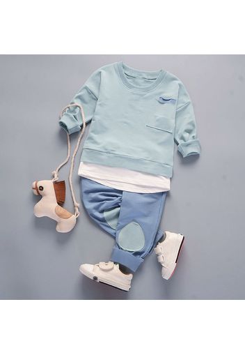 2-piece Toddler Boy/Girl Pocket Design Faux-two Pullover Sweatshirt and Patchwork Pants Set