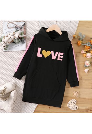 Kid Girl Letter Heart Print Colorblock Hooded Sweatshirt Dress