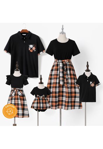 Family Matching Plaid Splicing Black Short-sleeve Dresses and Polo Shirts Sets