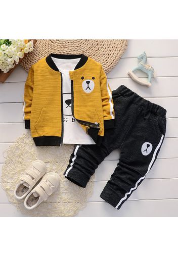 3-piece Toddler Letter Cartoon Bear Print Long-sleeve T-shirt, Zipper Jacket and Striped Pants Set