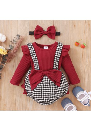 Baby 3pcs Red Ribbed Long-sleeve Romper and Houndstooth Bowknot Overall Shorts Set