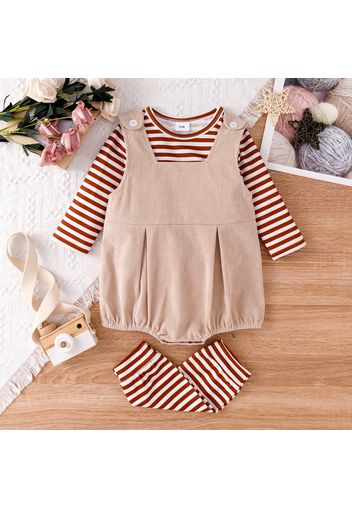 3pcs Baby Girl Striped Long-sleeve T-shirt and Solid Corduroy Overall Shorts Set