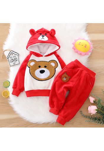 2pcs Baby Red Cotton Cartoon Bear 3D Ears Long-sleeve Thickened Fleece Lined Hoodie and Trousers Set