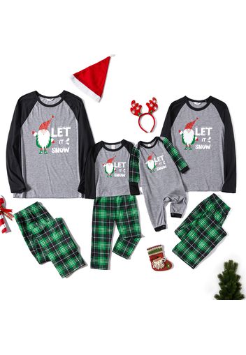 Christmas Santa and Letter Print Family Matching Raglan Long-sleeve Green Plaid Pajamas Sets (Flame Resistant)