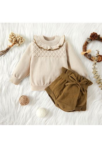 2pcs Baby Solid Long-sleeve Ruffle Knitted Sweater Pullover and Shorts Set