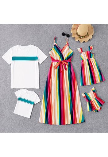 Stripe Series Family Matching Sets(Colorful Sling Dresses for Mom and Girl ; Loose Straight Short Sleeve T-shirts for Dad and Boy)