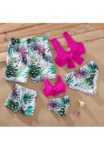 Family Matching Solid & Allover Tropical Plants Print Self Tie Bikini Set Swimwear and Swim Trunks Shorts