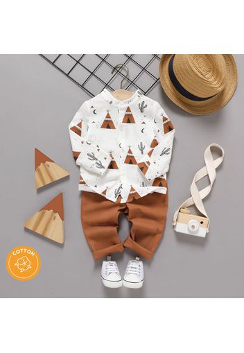 100% Cotton 2pcs Baby Boy Allover Print Mock Neck Long-sleeve Shirt and Solid Pants Set