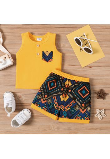 2pcs Baby Boy Button Front Tank Top and Boho Print Shorts Set