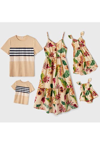 Family Matching Allover Floral Print Asymmetrical Hem Cami Dresses and Short-sleeve Striped Spliced T-shirts Sets